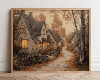 秋の街並みプリントウォールアート、ハロウィンタウンプリント、秋の