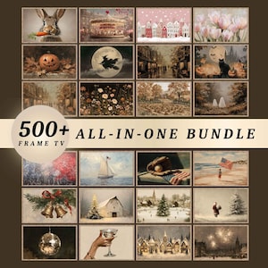 Peut inclure: Une collection numérique de plus de 500 œuvres d'art pour téléviseur Frame TV avec des thèmes saisonniers et festifs, incluant un lapin avec une carotte, un carrousel, des villages d'hiver, des tulipes, des citrouilles, une sorcière et des feux d'artifice.