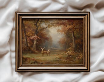Rehe im Herbstwald, Vintage Ölgemälde Landschaft, rustikale Cottage Herbst Dekor, warme Erdtöne, druckbare Wandkunst digitaler Download P200