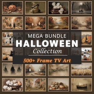 Puede incluir: Una colección digital de obras de arte con temática de Halloween para televisores Frame, que incluye más de 500 imágenes con calabazas, fantasmas, paisajes otoñales y casas espeluznantes. El texto MEGA BUNDLE HALLOWEEN COLLECTION 500+ Frame TV Art está centrado.