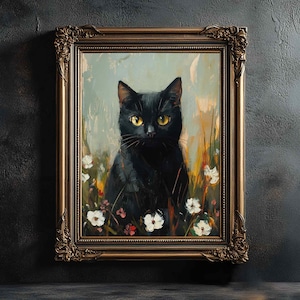 Black Cat Floral Print, Flowers & Black Cat Gothic Print, Dark Academia Poster,  Witchy Aesthetic, Moody Cottagecore PRINTABLE Download P90