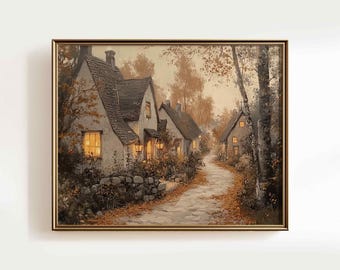 Autumn Town Printable Wall Art, Halloween Town Print, Fall Spooky Season Painting, Moody Halloween Art, Warm Tone Fall Landscape Picture P51