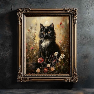 Black Cat Floral Print, Flowers & Black Cat Gothic Print, Dark Academia Poster,  Witchy Aesthetic, Moody Cottagecore PRINTABLE Download P110