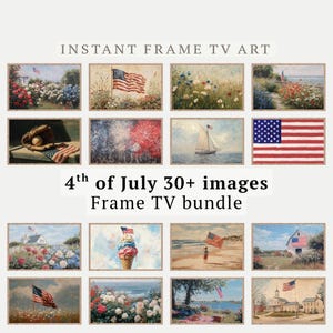 May include: A digital collection of 30+ landscape-oriented images for Frame TVs featuring 4th of July themes. The bundle includes paintings of American flags, fireworks, coastal scenes, baseball gear, floral gardens, and patriotic summer landscapes.