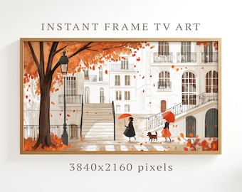 Cute Fall Frame TV Art, Autumn City Stroll Orange Umbrellas, Vintage Cottagecore Samsung TV Art, Warm Muted TCL Digital Download Art F275