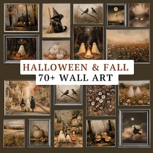 Op de afbeelding: Een verzameling ingelijste wandkunst met Halloween- en herfstthema's, waaronder geesten, pompoenen, heksen, vogels en seizoenslandschappen. De tekst HALLOWEEN & FALL 70+ WALL ART staat gecentreerd over het raster van diverse donkere, sfeervolle afbeeldingen.