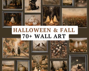 May include: A collection of framed wall art prints featuring Halloween and fall themes, including ghosts, pumpkins, witches, birds, and autumn landscapes. The text HALLOWEEN & FALL 70+ WALL ART is centered over the grid of various dark, moody images.