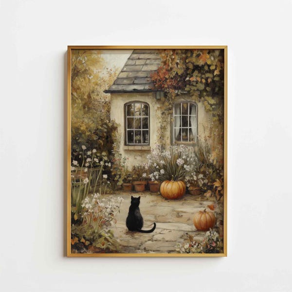 Halloween Black Cat Print, Black Cat and Pumpkin, Spooky Vintage Style, Fall Halloween Painting, Cottage Farmhouse PRINTABLE Download P58