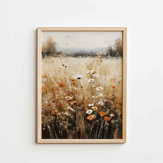 Fall Wildflower Field Wall Art, Flowers Field Print, Autumn Landscape, Moody Nature Painting, Neutral PRINTABLE Digital Download Art P100