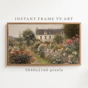 以下が含まれることがあります： 色とりどりのバラが咲き誇る庭に囲まれた家の風景画。ヴィンテージ感のあるアートワークで、上部には「INSTANT FRAME TV ART」の文字が書かれています。