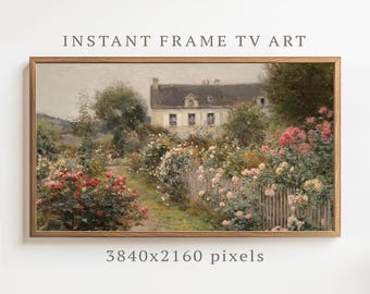 Puede incluir: Pintura de paisaje enmarcada que presenta una casa rodeada de un exuberante jardín lleno de rosas coloridas. La obra de arte tiene una estética vintage, con el texto "INSTANT FRAME TV ART" en la parte superior.
