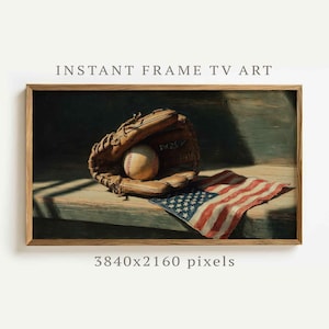 May include: A framed digital art print featuring a baseball glove, baseball, and American flag. The glove is brown, the baseball is white with red stitching, and the flag has red and white stripes with blue stars. The text "INSTANT FRAME TV ART" is at the top.