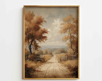 Paisaje otoñal en tonos suaves, lámina artística de otoño, pintura de naturaleza otoñal con ambiente melancólico, arte mural de otoño, lámina de otoño, descarga digital imprimible en tonos neutros P105