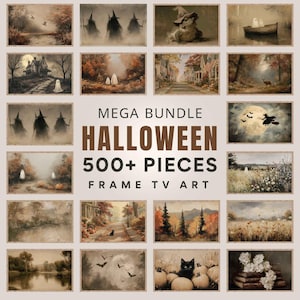 May include: A digital collection of Halloween-themed artwork for Frame TVs, featuring over 500 pieces with imagery of ghosts, witches, pumpkins, black cats, and autumn landscapes in a muted, vintage-inspired color palette with brown text.