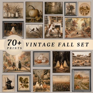 May include: A collection of over 70 vintage-style autumn prints featuring seasonal scenes, including pumpkins, ghosts, forest landscapes, cosy interiors, and rural settings, all presented in a warm, muted colour palette with dark frames.