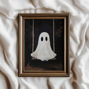 Cute Halloween Ghost on a Swing Print, Cute Small Ghost, Dark Academia Room Decor, Spooky Halloween Ghost PRINTABLE Digital Download P55