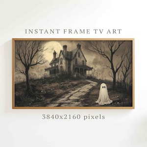 Puede incluir: Obra de arte digital enmarcada que representa una casa embrujada, árboles desnudos y un fantasma en tonos sepia. El texto "INSTANT FRAME TV ART" y "3840x2160 pixels" es visible. Tema de Halloween.