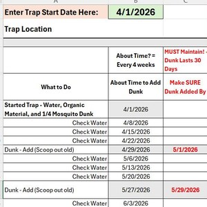 May include: A digital spreadsheet tracker for mosquito trap maintenance with columns for dates, tasks, and instructions. The table includes text such as Enter Trap Start Date Here, What to Do, About Time to Add Dunk, and Reset Dunk Date.