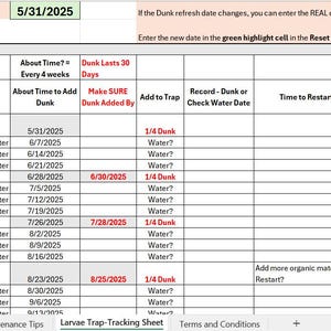 May include: A spreadsheet titled "Larvae Trap-Tracking Sheet" with a green header indicating the start date of 5/31/2025. The sheet details tasks like checking water and adding mosquito dunks, with columns for dates and actions. The sheet includes the text "Larvae Trap-Maintenance Tips".
