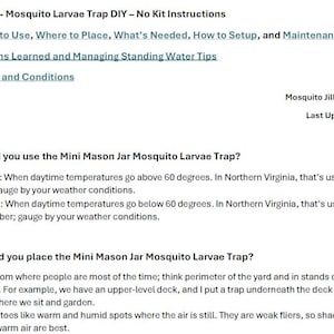 Op de afbeelding: Een document getiteld "Mosquito Jill - Mosquito Larvae Trap DIY - No Kit Instructions". Het document geeft instructies over het gebruik, de plaatsing, de installatie en het onderhoud van de muggenlarvenval, evenals tips.