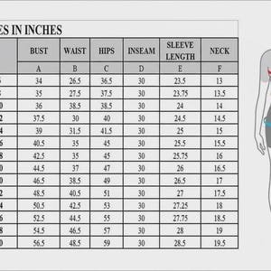 May include: A size chart titled "WOMEN SIZES IN INCHES" with measurements for bust, waist, hips, inseam, sleeve length, and neck. A diagram of a woman illustrates where to measure. Sizes range from 6 to 30.