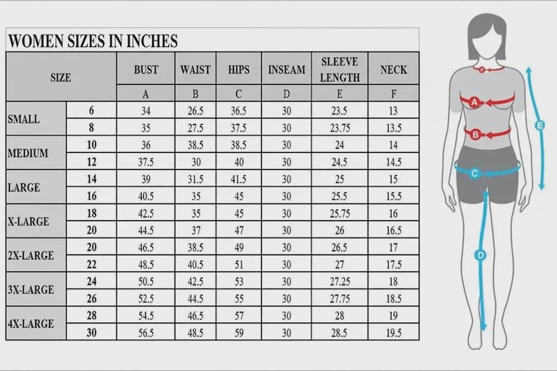 May include: A size chart titled "WOMEN SIZES IN INCHES" with measurements for bust, waist, hips, inseam, sleeve length, and neck. A diagram of a woman illustrates where to measure. Sizes range from 6 to 30.