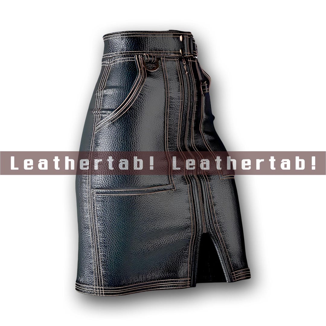 High-waisted Cowhide Leather Skirt: Front Slit & Contrast Stitch - Etsy
