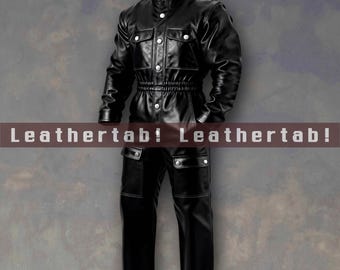 Men's Black Leather Utility Jumpsuit Cargo Style One Piece Coverall with Pockets