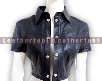 Black Sheepskin Leather Cropped Shirt – Short Sleeve Button-Up for Women | Mature