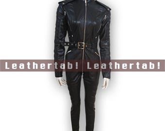 Women's Black Leather Catsuit Jumpsuit with Belted Waist and Moto Details