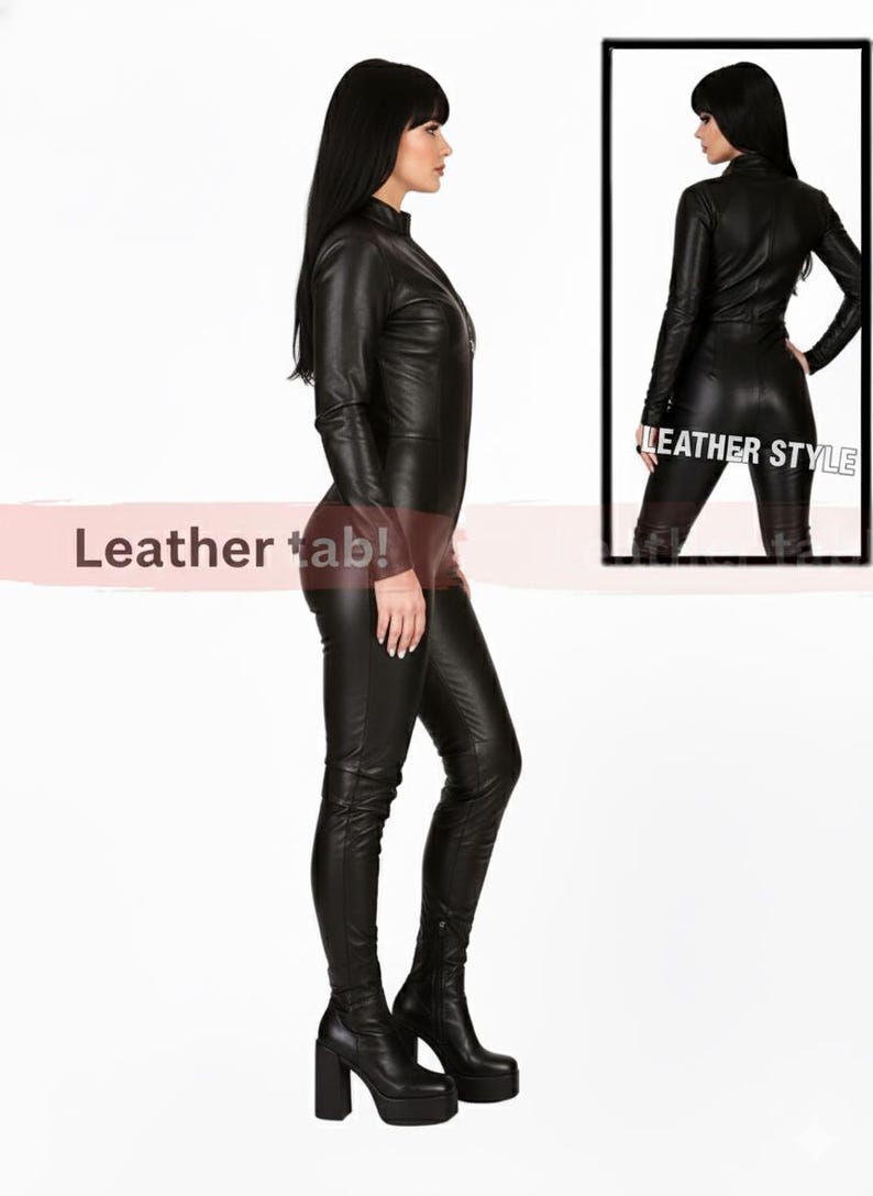May include: A black leather jumpsuit with a high collar and long sleeves. The outfit includes matching platform boots. The image also includes a smaller mirrored image of the jumpsuit with the text "Leather Style". The text "Leather tab!" is also visible.