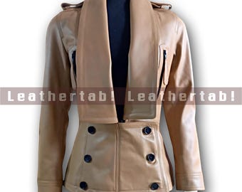 Women’s Beige Genuine Leather Blazer Jacket | Elegant Double Breasted Leather Coat