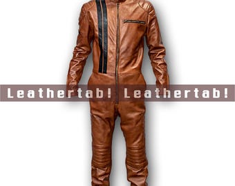 Men's Sheepskin Leather Jumpsuit: Striped Motorcycle Style