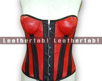 Red & Black Sheepskin Leather Overbust Corset: Gothic Steampunk Waist Cincher