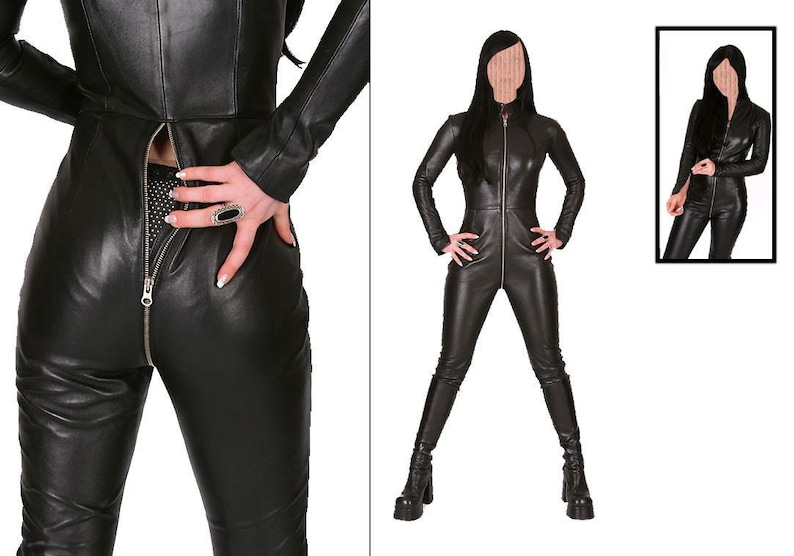 May include: Black leather jumpsuit with a zipper closure. The long-sleeved garment features a high collar and fitted silhouette. The image shows the jumpsuit from multiple angles, including a full-body shot and a close-up of the back.