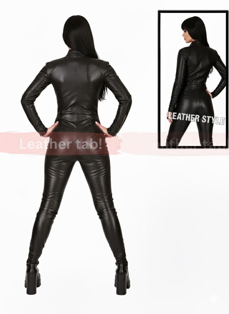 May include: Black leather jumpsuit with a high collar and long sleeves. The outfit includes matching pants and platform boots. The image also includes a smaller framed image with the text "LEATHER STYLE". The text "Leather tab!" is also visible.