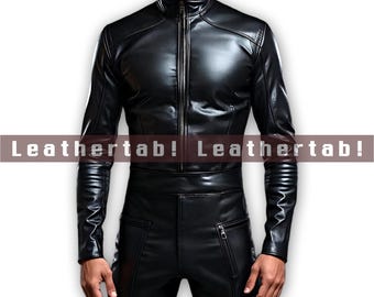 Zwarte leren catsuit voor heren | Bodyjumpsuit van echt leer met rits aan de voorkant