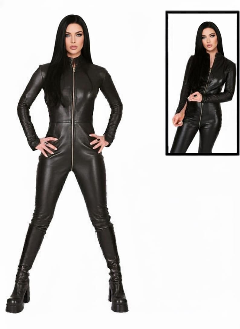May include: A black leather jumpsuit with a high collar and long sleeves. The jumpsuit has a front zipper closure and is paired with platform boots. A smaller image of the jumpsuit is in the upper right corner.