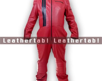 Red Sheepskin Leather Jumpsuit: Men's Full Body Suit, Clubwear Outerwear