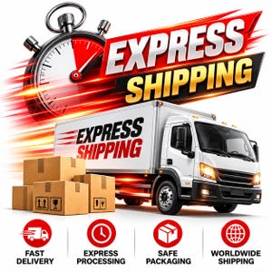 Peut inclure: Un camion de livraison blanc avec le texte EXPRESS SHIPPING sur le côté, à côté d'une pile de cartons bruns. Au-dessus, un grand chronomètre avec des lignes de mouvement rouges. En bas, quatre icônes circulaires rouges avec des symboles blancs.