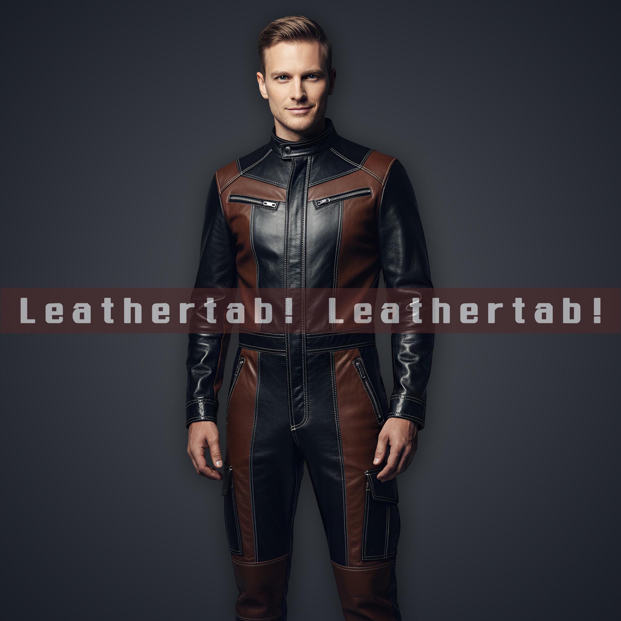 Men's Two Tone Leather Utility Jumpsuit Black Brown Cargo Leather