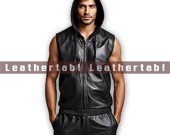 Herren Schwarz Schaffell Leder Hoodie Weste & Jogger Set