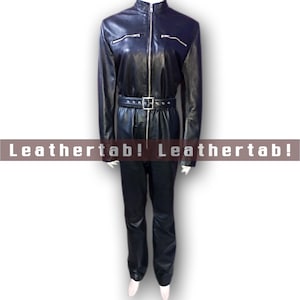Black Sheepskin Leather Catsuit: Belted Waist, Zip Front Jumpsuit