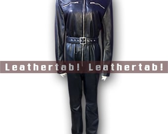 Black Sheepskin Leather Catsuit: Belted Waist, Zip Front Jumpsuit