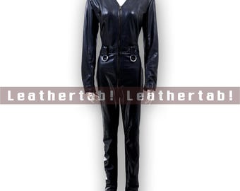 Black Sheepskin Leather Jumpsuit – Ring Accent, Full-Body Zipper Suit