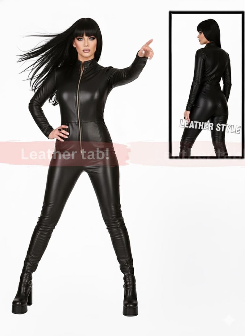 May include: A black leather jumpsuit with a zip-up front and long sleeves. The outfit is form-fitting and paired with platform boots. The image includes a smaller inset showing the back of the jumpsuit. Text on the image reads "Leather tab!" and "LEATHER STYLE".
