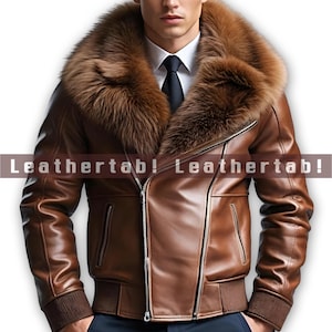 Men&#39;s Sheepskin Leather Bomber Jacket: Brown Winter Outerwear with Faux Fur Collar