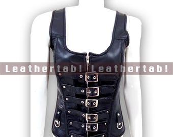 Women's Black Leather Corset Vest Buckle Front Gothic Waist Trainer Handmade Custom Fit
