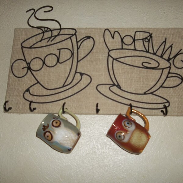 Good Morning Wrought Iron Coffee Mug Rack/ Tea Cup Rack/ Wrought Iron on Burlap/Repurposed Wood