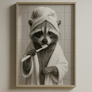 Funny Raccoon Bathroom Art – Whimsical Animal Portrait – Toothbrush Wall Print